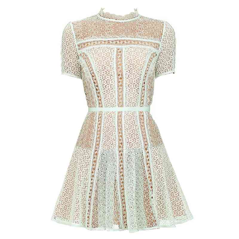 Arrival Summer Dress High Quality Self Portrait Runway Hollow Short Sleeve Mint Green Lace Vestidos 210520