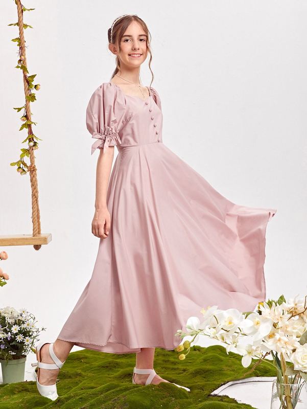 Teen Girls Bow Detail Puff Sleeve Button Front Dress SHE