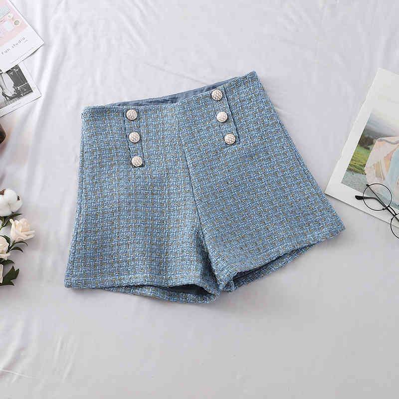 Plaid Shorts Women Outside Autumn Spring Double-breast Braided High Waist Wide Legs Black White Causal Womens 210428
