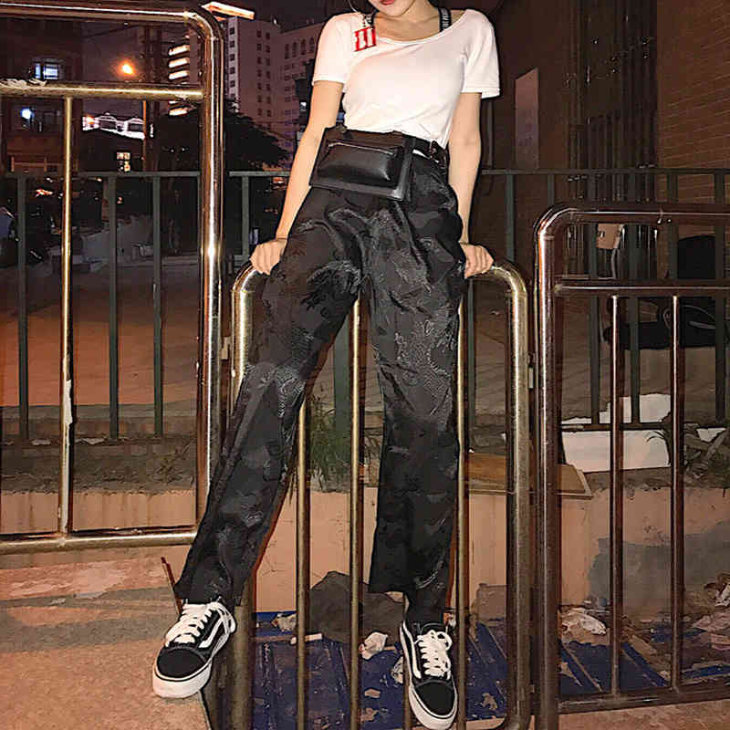 Girls Dragon Print Harajuku Pants Elastic Waist Wide Leg Straight Trousers Women and Man Casual Streetwear 210519