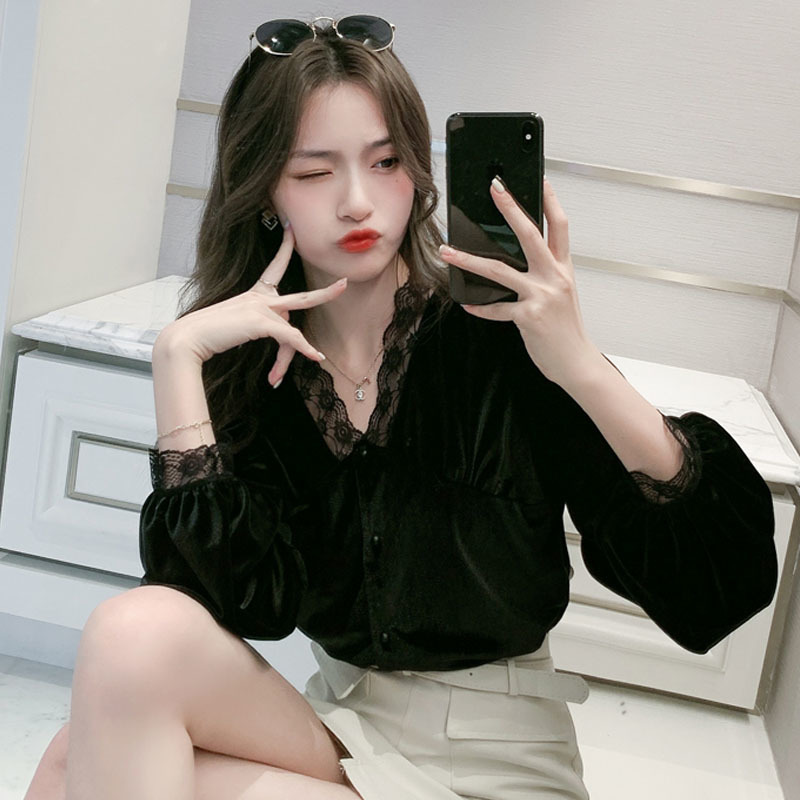 Gold Velvet Lace Women's Shirt Autumn and Winter Korean Slim V-neck Blouse Women Long Sleeve Bottoming 12627 210427