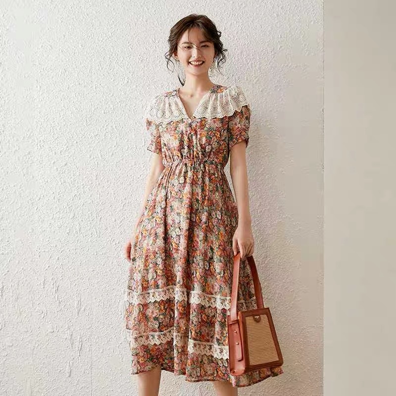 Women Summer Print Long Dress Fashion Lace V-neck Short Sleeve A-line Empire Slim Floral vestido de mulher 210421
