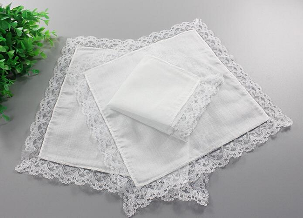 Wedding Decorations Pure White Handkerchiefs with Lace Plain DIY Print Draw Hankies Cotton Handkerchiefs Pocket Square 23X25 cm