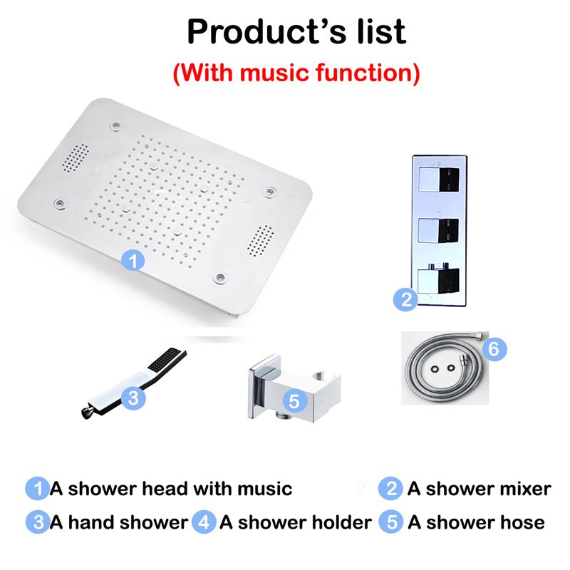 Bathroom Music Shower System Ceiling LED Massage Misty Rain Showerhead 3 Functions Thermostatic Brass Concealed Mixer Faucets