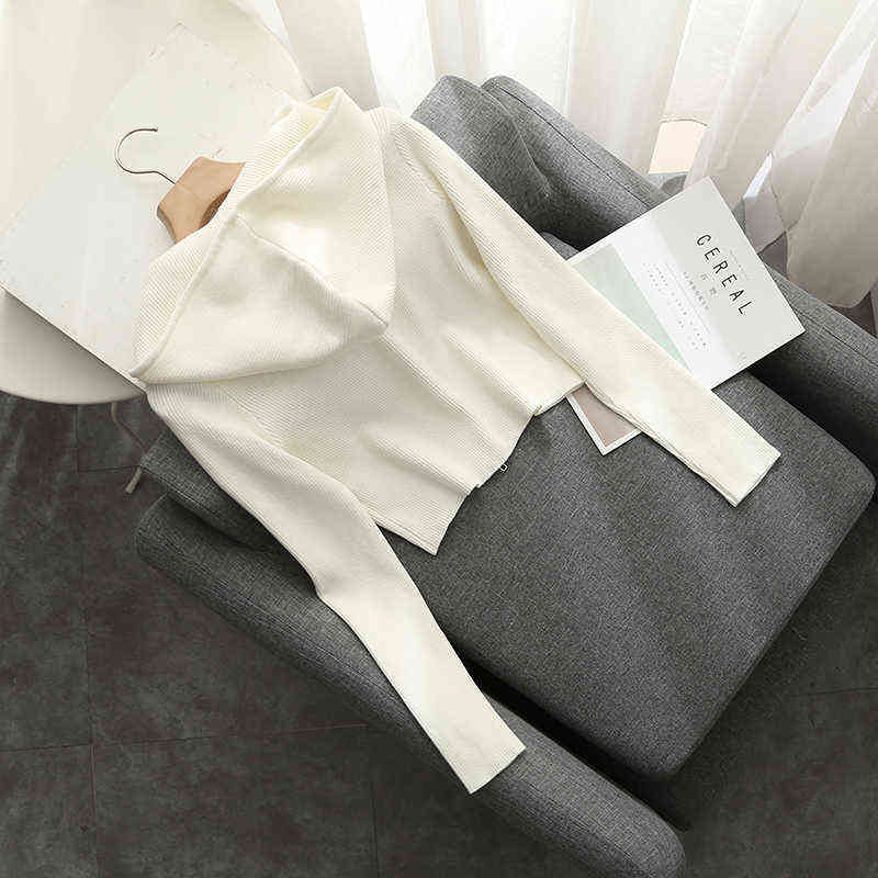 Slim Girls Soft Cotton Knitted Hoodies Fashion Ladies Elegant Bomb Sweatshirts Casual Female Knitwear Vintage Women Chic 211109