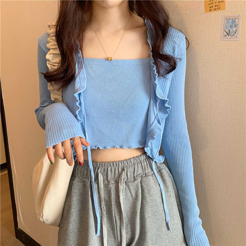 Womens Cardigan s Sets Knitted Sweater Korean Clothing Lace Up Cardigans Thin Slim Crop Tops Pullover 211018