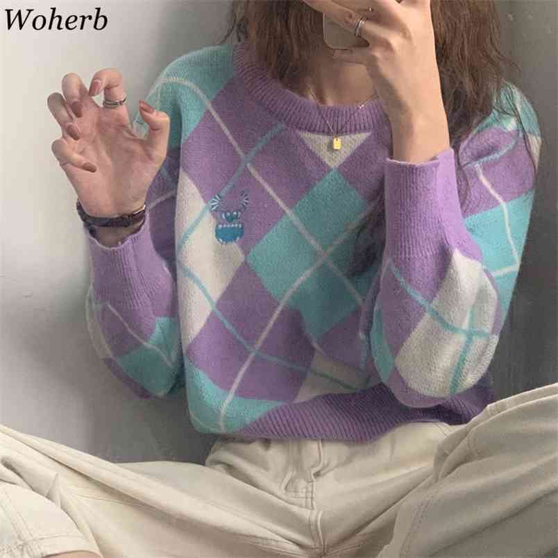Women Cute Plaid Sweater Winter Autumn Korean Chic Knitting Jumper Female Pullover Casual Streetwear Sueter Mujer 210519