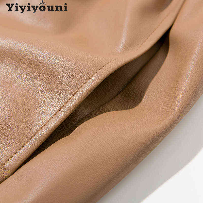 Yiyiyouni High Waist Spliced Leather Pants Women Loose Drawstring PU Trousers Autumn Solid Straight Female 211115