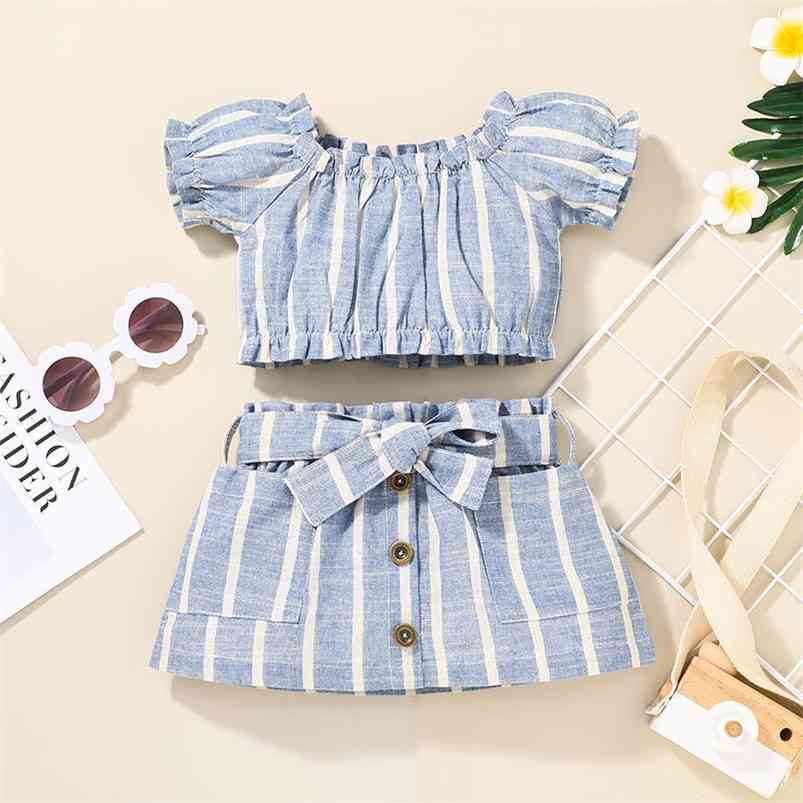 Summer Children Sets Casual Short Sleeve Blue Striped T-shirt Bow Sashes Single Breasted Skirt 2Pcs Girls Boys Clothes Set 210629
Summer Children Sets Casual Short Sleeve Blue Striped T-shirt Bow Sashes Single Breasted Skirt 2Pcs Girls Boys Clothes Set 210629