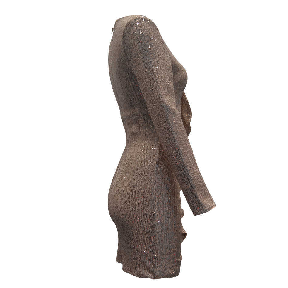 Summer Women's Gold Sequin Long Sleeve Mini Dress Sexy Ruffled V-neck Fashion Party Celebrity Runway Club 210527