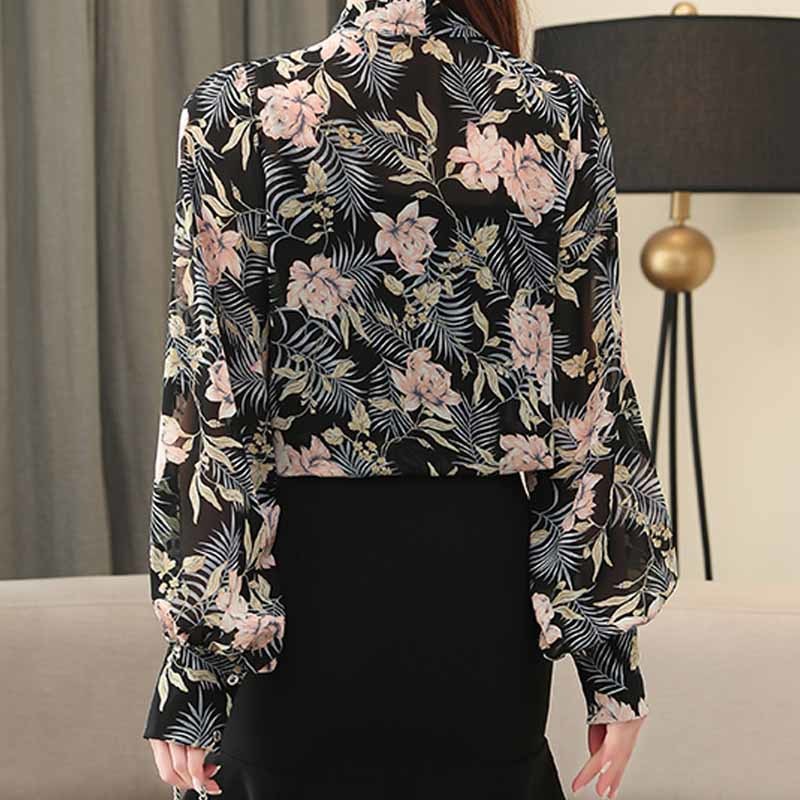 Autumn Korean Style Cardigan Lantern Sleeve Bow Tie Print Office Lady Long Women's Blouse Elegant Shirt Blusas 10675 210518