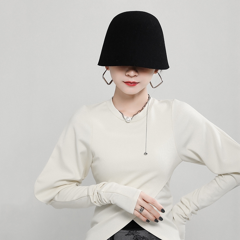 [EAM] Women Shaped Irregular Tight T-shirt New Round Neck Puff Long Sleeve Fashion Tide Spring Autumn 1DD2529 210406