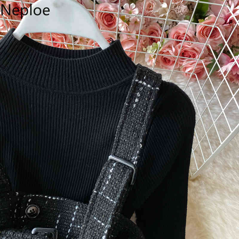 Neploe Two Piece Set Women Knitted Sweater Sling Patchwork Gauze Dresses Korean Chic Suit Femme Roupas 2 Piece Set Female 4G300 210422
