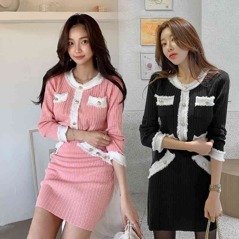 Korean Vintage Knitted Two Piece Skirt Sets Women Single-breasted Tops + High Waist Mini Suits Elegant Fashion Ladies 210514
