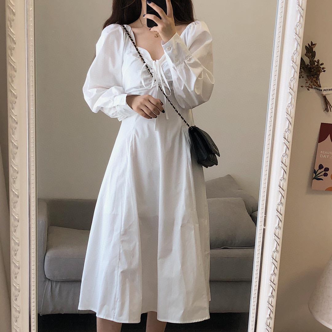 Elegant White Dress Women Casual Long Sleeve Vintage Fairy Midi Dress Draped Lace-Up Slim Dress Korean Autumn 210521