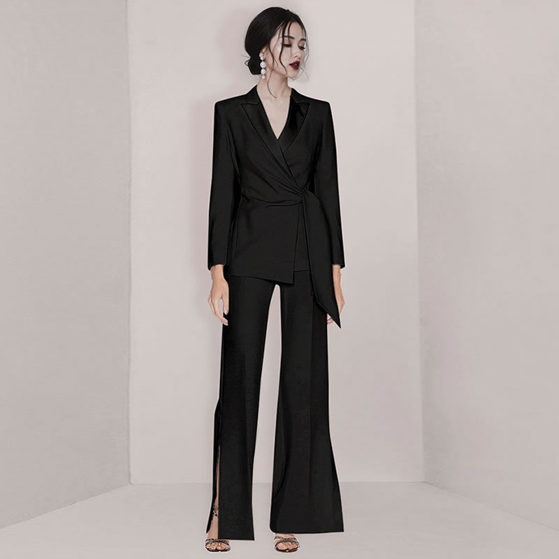 Runway 2 Piece Set OL Office Work Wear Ladies Spring Women Notched Blazers coat + Fashion split Pants Set Suit 210518