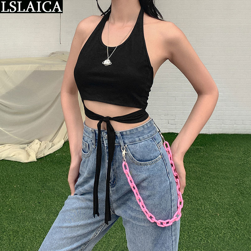 Summer Tops For Women Black Sleeveless Knitted Streetwear Backless Criss-Cross Bandage Crop Sexy Club Tank 210520