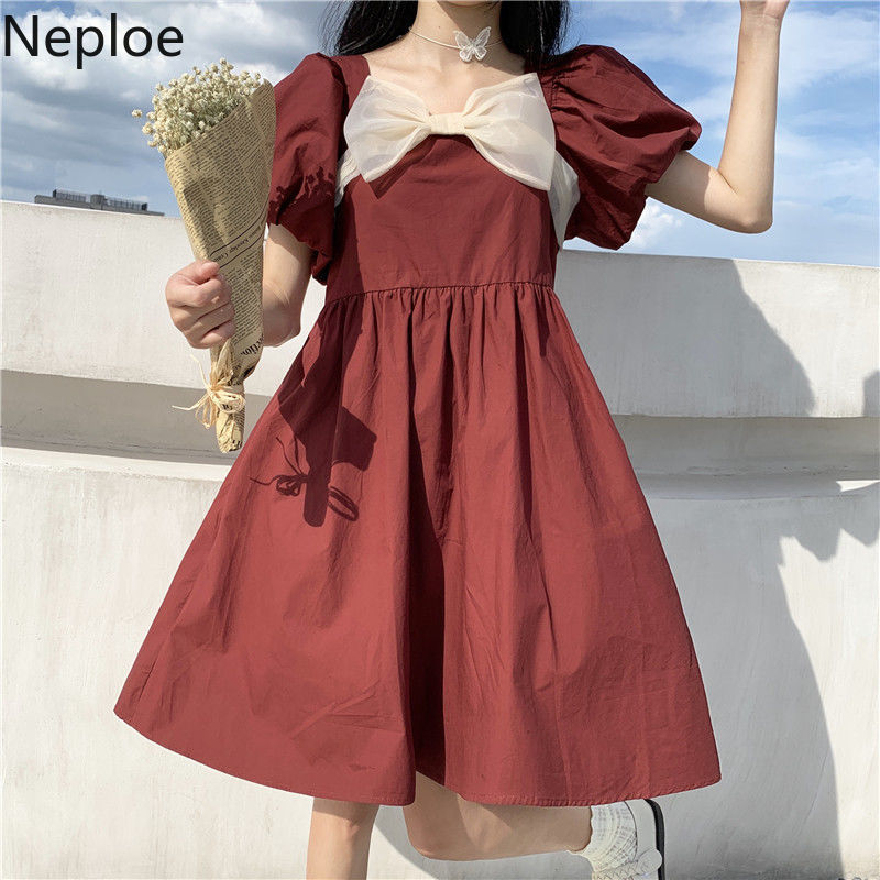 Neploe Preppy Style Women Dress Summer Square Collar Puff Sleeve Vestido Mujer Korean Fashion Bow Loose Black Dresses 94816 210422