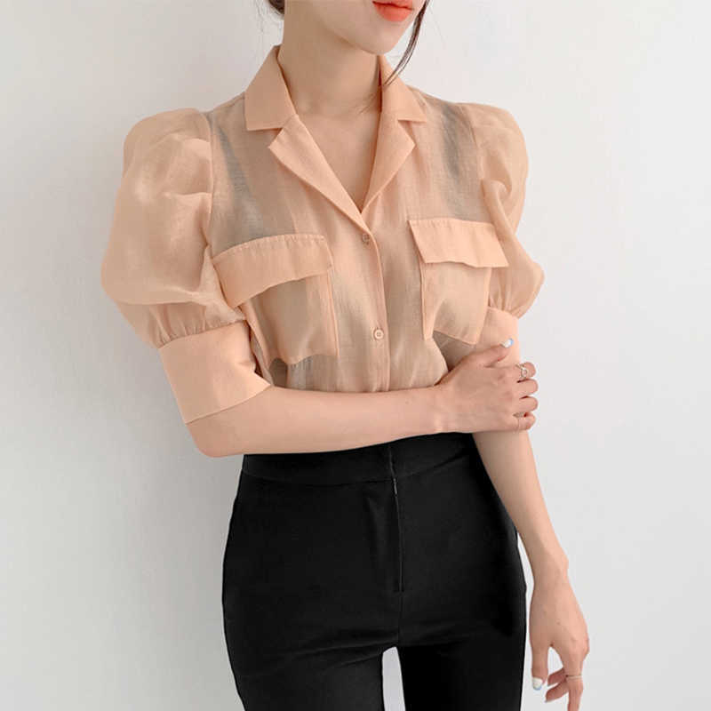 Korejpaa Women Shirt Summer Korean Chic Simple Temperament Lapel Double Pocket Loose Micro-Transparent Puff Sleeve Blouses 210526