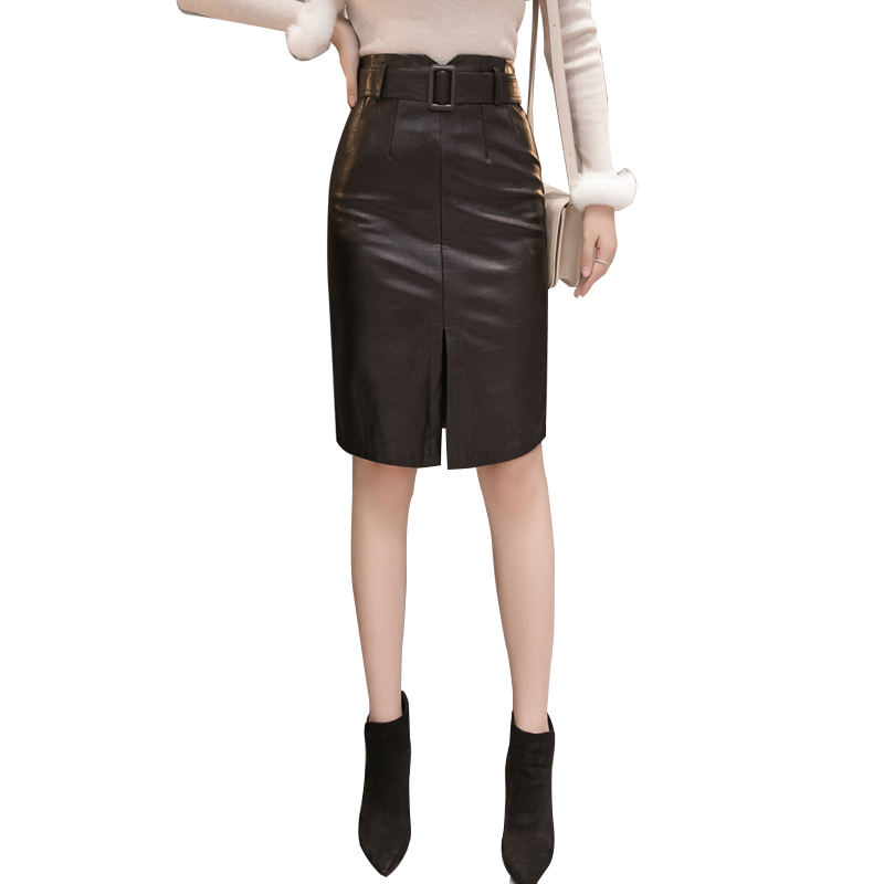 Autumn Winter OL Elegant Pencil Mini Skirts High Waist Black PU Leather Knee-length A-Line with Belt Female 10760 210518
