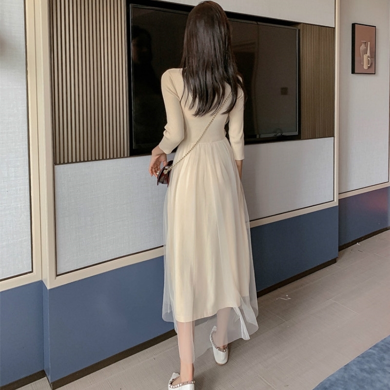 Autumn Elegant mesh knitted dress for women Long Sleeve sexy Patchwork Sweater Dress women's Casual female 210428