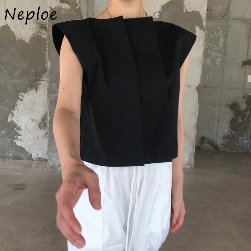 Work Style Ol Simple Pleat Blouse Women O Neck Short Sleeve Black Blusas Summer All Match Ladies Top 210422
