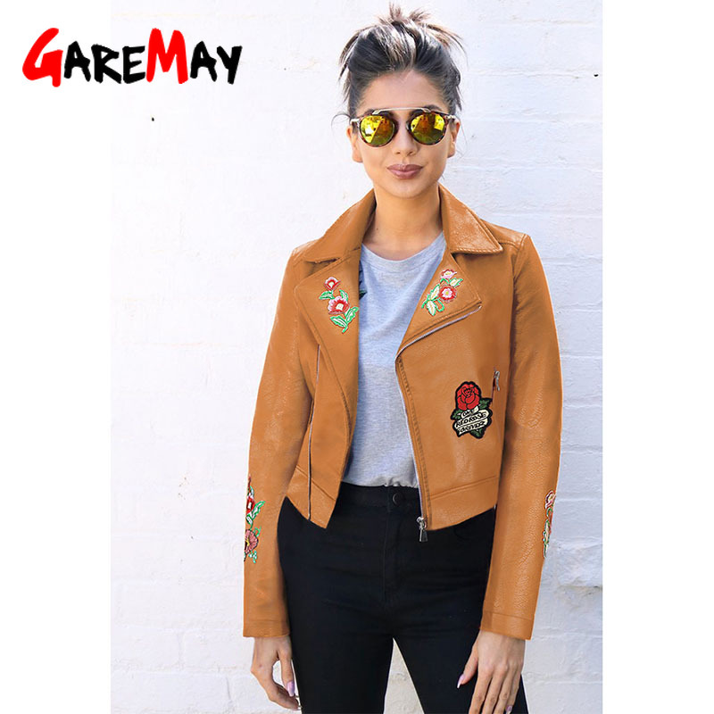 Women Floral Print Embroidery Faux Leather Jacket Coat Turn-down Collar Casual Pu Motorcycle Black Punk Outerwear plus size 210428