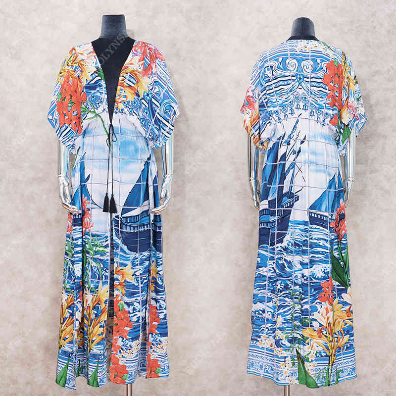 Blue Boho Printed Bikini Cover-ups Long Kimono Cardigan Cotton Tunic Plus Size Women Summer Beach Wear Swim Suit Cover Up Q1059 210420