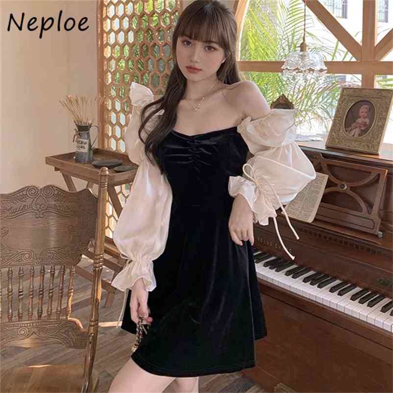 French Style Elegant Velvet Women Dress Spring Ruffles Hit Color Patchwork Vestidos Slim Waist A-line Dresses 210422