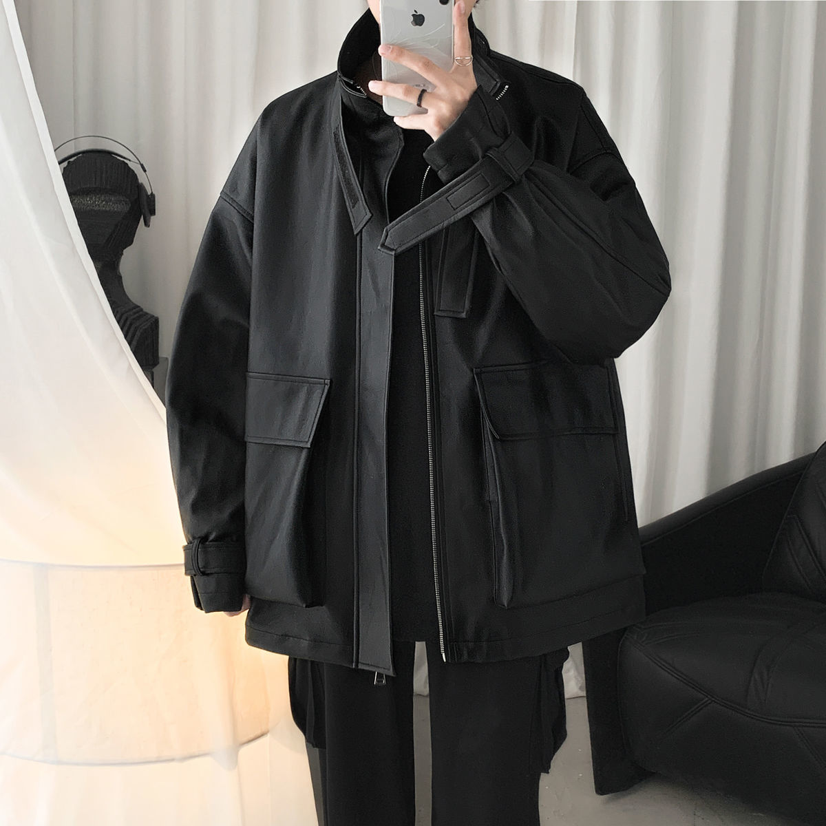 IEFB /men's wear autumn jacket PU leather clothes stand collar big pocket overisize loose vintage coat high street black coat 210524