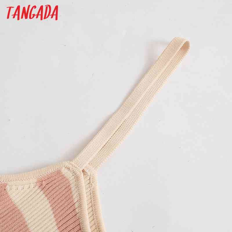 Women Chic Fashion Striped Slim Knitted Midi Dress Vintage Straps Female Dresses Vestidos BE324 210416