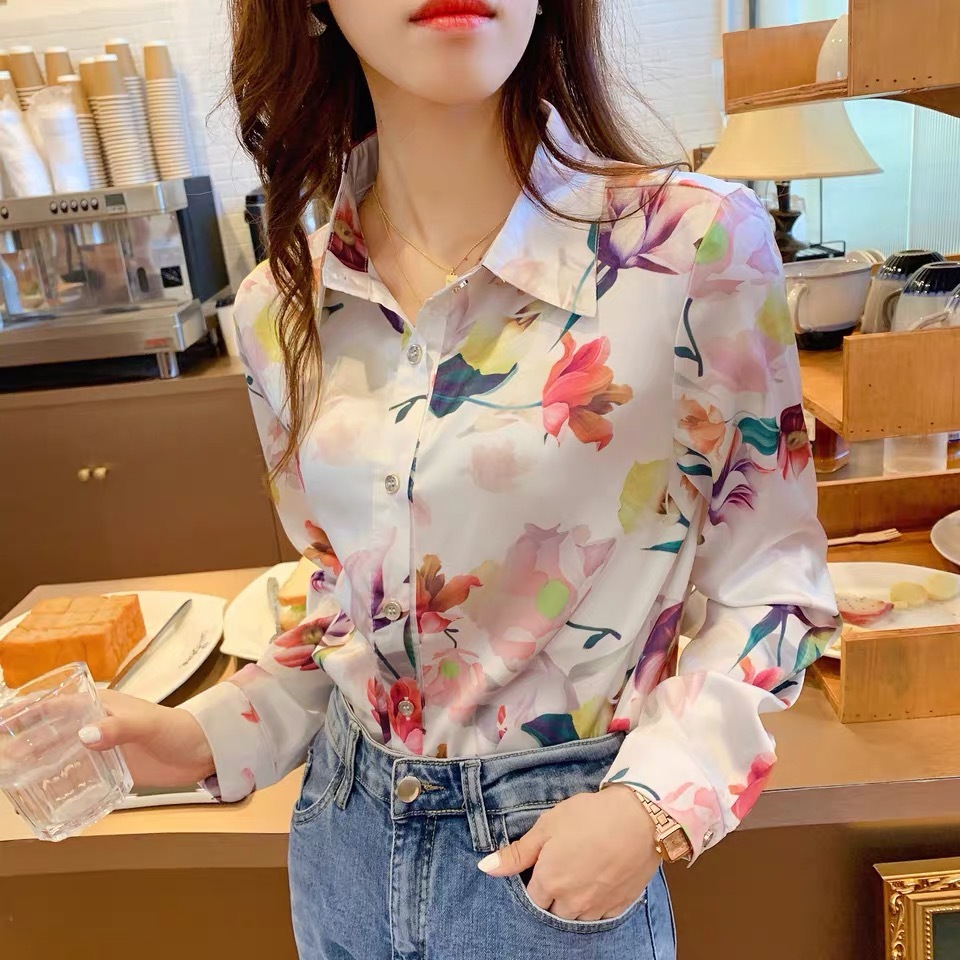 casual flower printed satin chiffon blouse women turn down collar long sleeve spring summer shirts lady tops plus size 210421