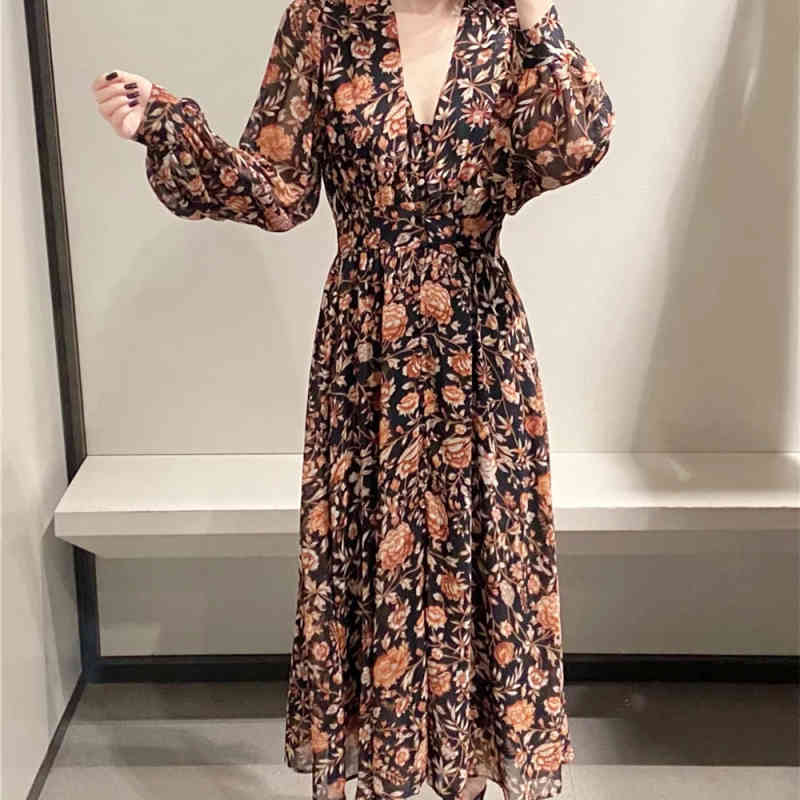 Casual Woman Slim Printed V Neck Chiffon Long Dress Spring Fashion Ladies Vacation es Female Elegant Draped 210515