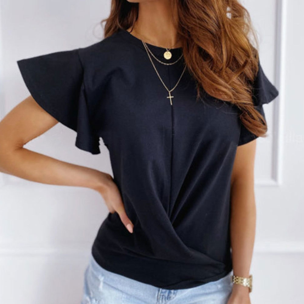 Women Summer Pleated Casual Elegant Solid O Neck Flare Short Sleeve Basic T-Shirt Loose Office Lady Tops 210428