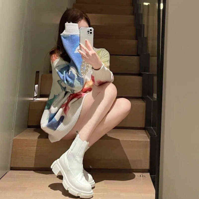 Watercolor Graffiti Fairy Sweater Women's Loose Long Thin Tie-dye Sweater Autumn Long-sleeved Pullover Tops Female Drop 211103