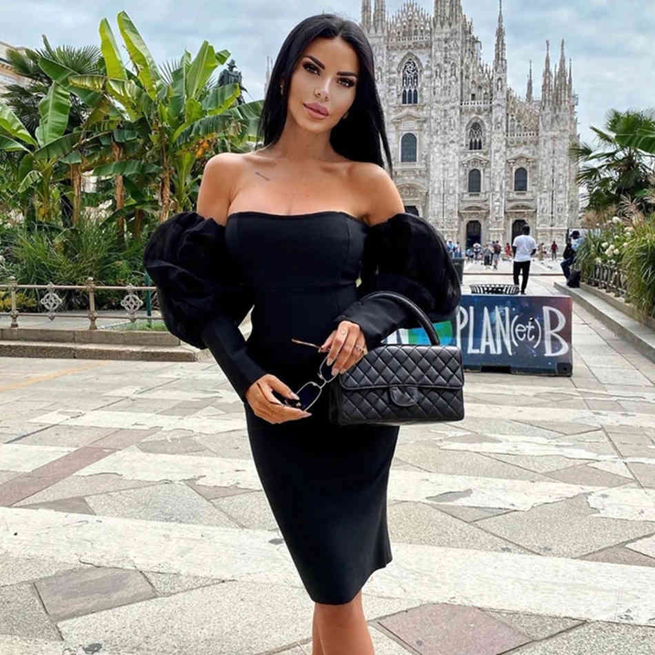 Winter Women Off Shoulder Black Bandage Dress Sexy Lace Long Lantern Sleeve Club Celebrity Runway Party Bodycon 210423