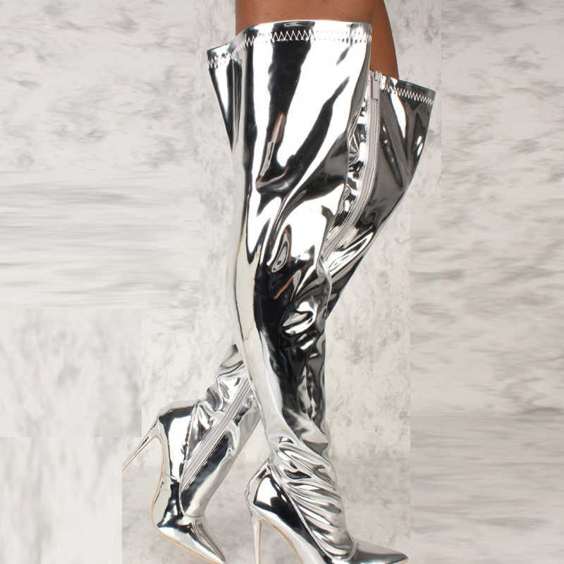 Women Boots Mirror Platform Pointy Toe Punk High Thin Heels Over The Knee Long Boots Autumn Winter Zip Silver Casual Party Shoes 210911