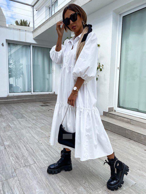 Women Dress Black White Loose Long Casual es Lantern Sleeve Large Hem Shirt es Spring Bohemian 210513