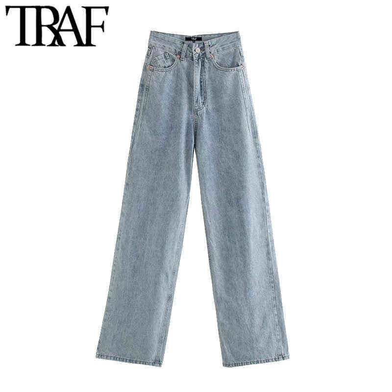 TRAF Women Fashion Side Pockets Faded Wide Leg Jeans Vintage High Waist Zipper Fly Denim Female Trousers Mujer 211129