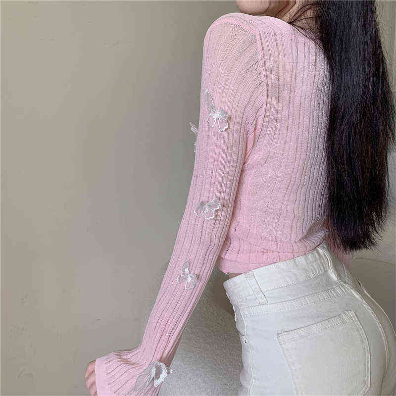 Butterfly Knit Cardigans Women Korean Sexy V-Neck Fitness Crop Tops Ladies Summer Thin Long Sleeved Sunscreen Jackets 211117