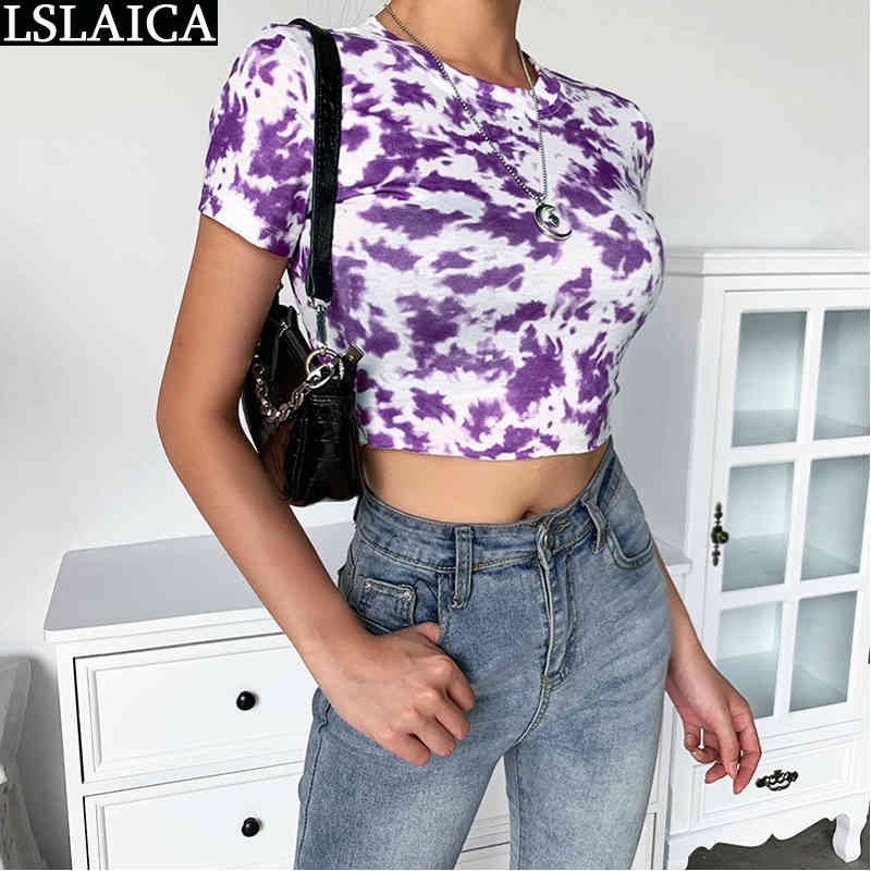Tops Short Sleeve Round Neck Slim Casual Fashion Tie-Dye Print Bottom T-shirt Streetwear Blusas Mujer De Moda Verano 210520