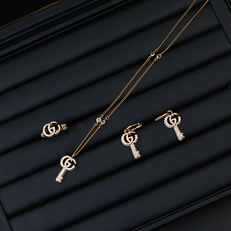 New jewelry family inlaid Key Necklace double key Earrings net red same full diamond ring female, Black
New jewelry family inlaid Key Necklace double key Earrings net red same full diamond ring female, Black