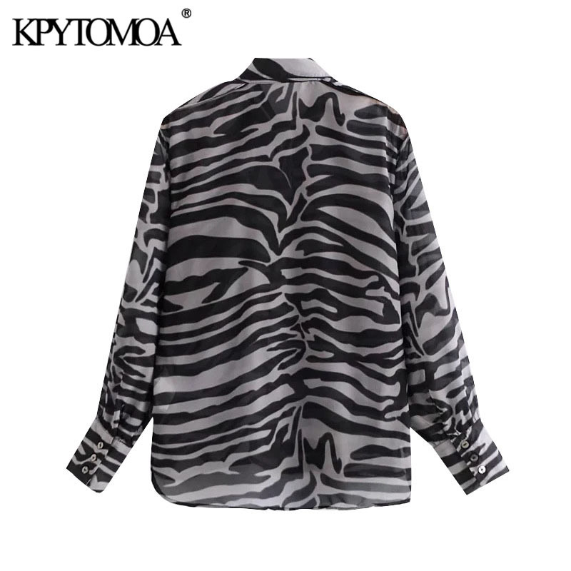 Women Fashion Semi-Sheer Zebra Print Loose Blouses Long Sleeve Pockets Female Shirts Blusas Chic Tops 210420