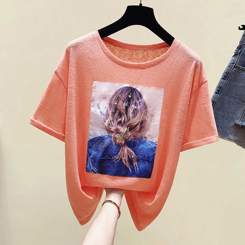 Poleras Mujer De Moda Print Sequins T Shirt Women Tshirt Female Summer Tops T- Korean Fashion Cotton Tee Femme 210615Z