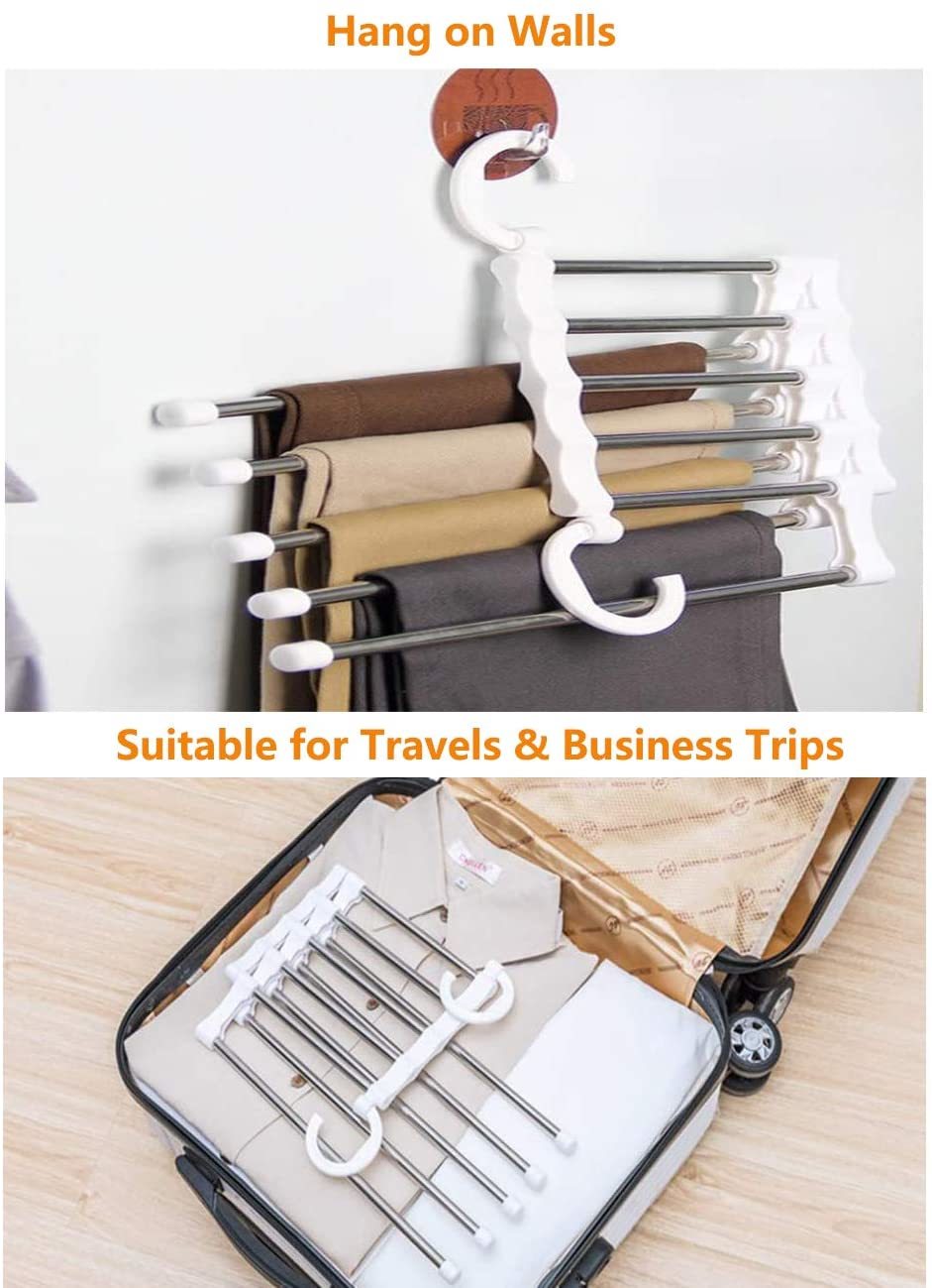 5 In 1 Pant Rack Stainless Steel Clothes Hangers Wardrobe Magic Trouser Hangers Multifunctional Space Saving Scarf Hangers
