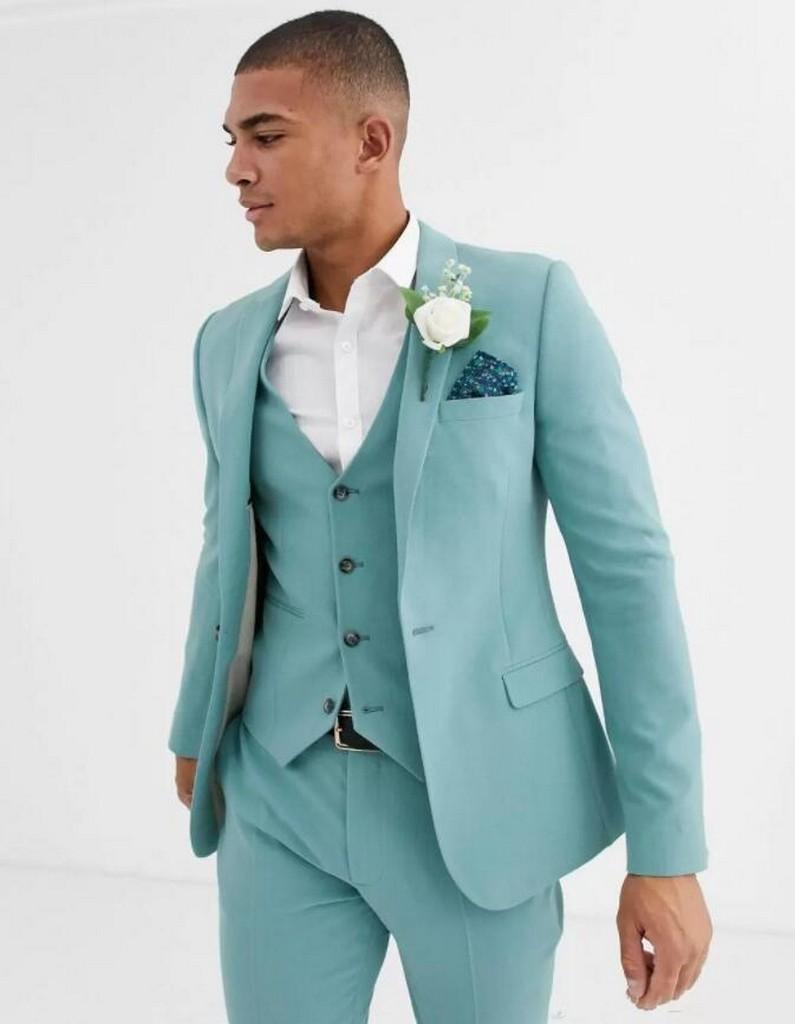 Mint Green Mens Suits Notched Lapel Male Tuxedos For Wedding Blazers Slim Fit Groom Wear 3 Pieces One Button Prom Jackets Vest With Pants