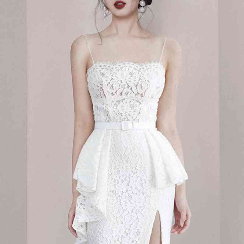 Elegant White Lace Dress For Women Sexy Spaghetti Strap Sleeveless High Waist Ruffle Split Dresses Summer Fashion 210520