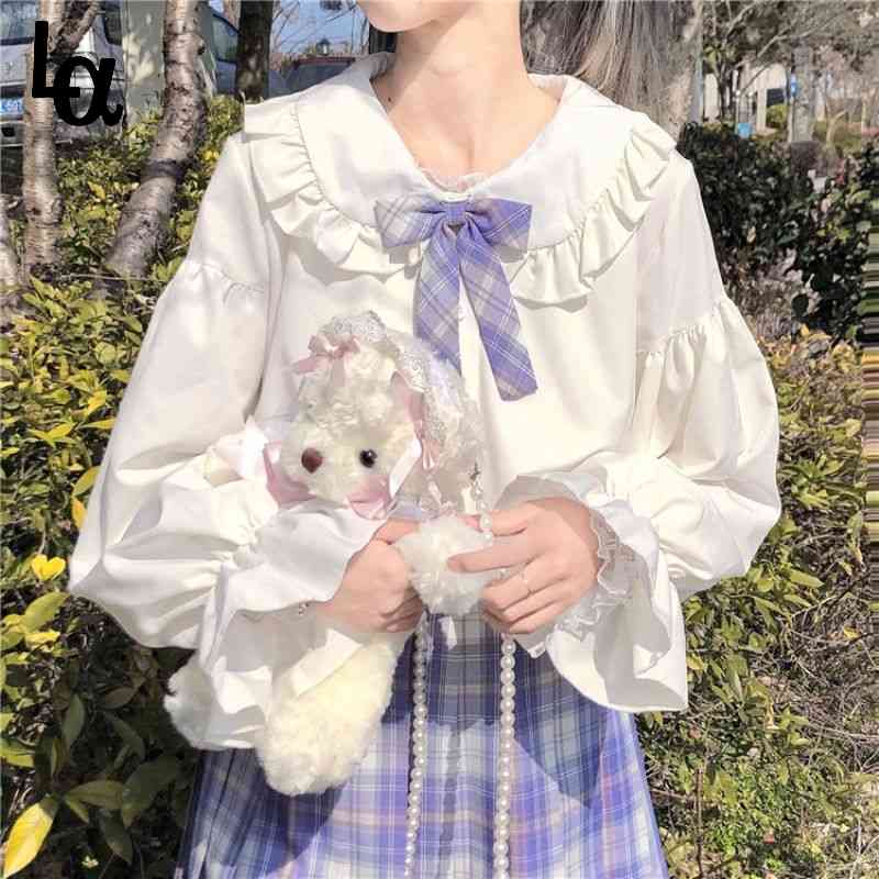 Japanese Kawaii White Chiffon Blouses Women College Sweet Peter Pan Collar Shirts Holiday Outdoor Ruffle Tops Summer 210519, Short sleeves
Japanese Kawaii White Chiffon Blouses Women College Sweet Peter Pan Collar Shirts Holiday Outdoor Ruffle Tops Summer 210519, Short sleeves