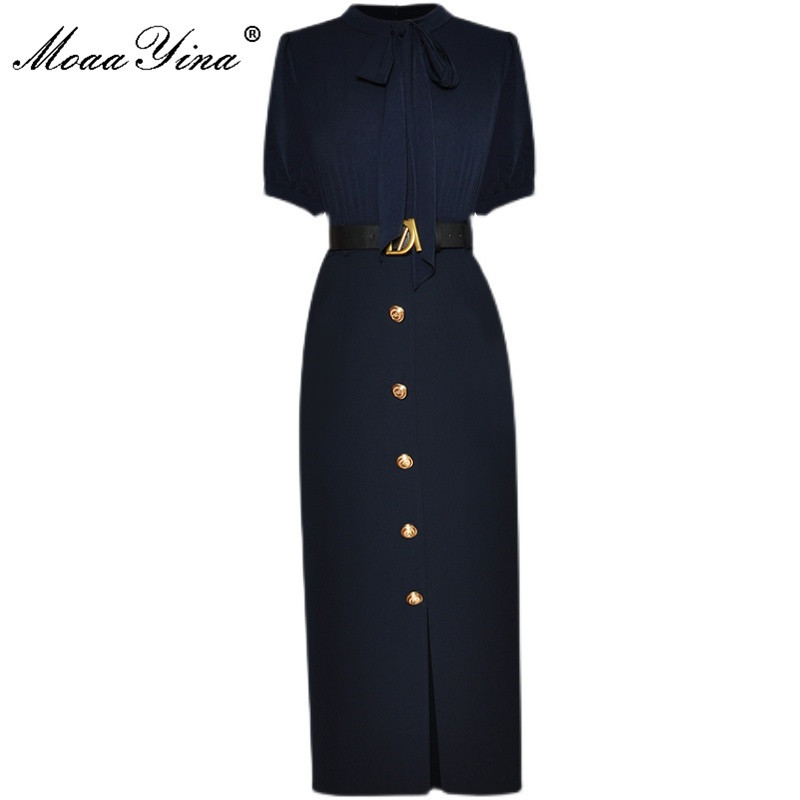 Moaa Yina Summer Fashion Elegant Office Wear Party Dress Women Short sleeve Sashes High waist Slim Pencil Midi 210524