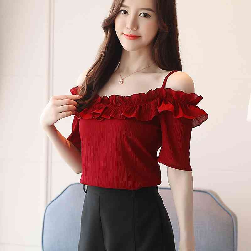 fashion sexy women' s clothing short sleeve chiffon ruffled blouse female shirt summer tops blusas D825 30 210506
